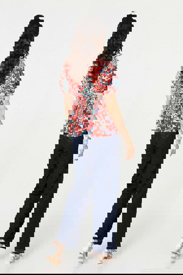 Orange | Ditsy Floral Faux Wrap V-Neck Top
