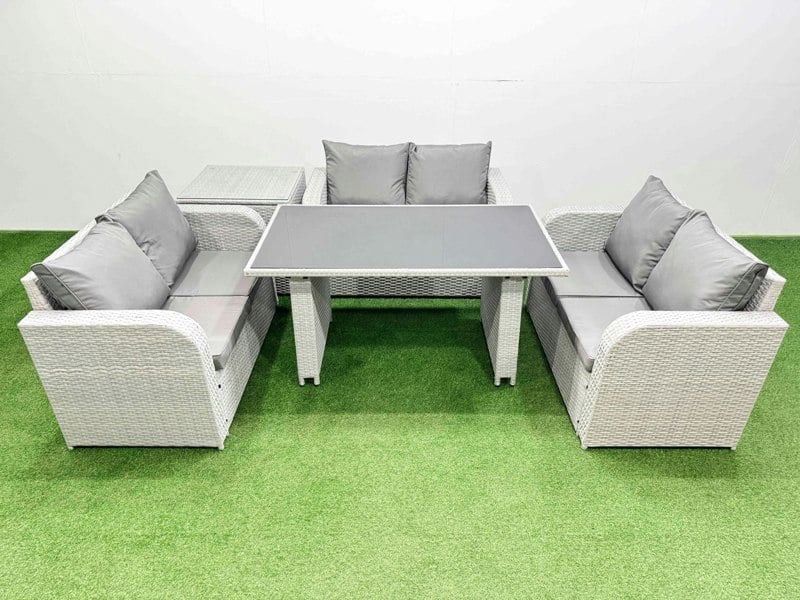 Fimous 6 Seater Patio Garden Furniture Sets with Black Glass Top Dining Table Love Sofa Side Table Light Grey