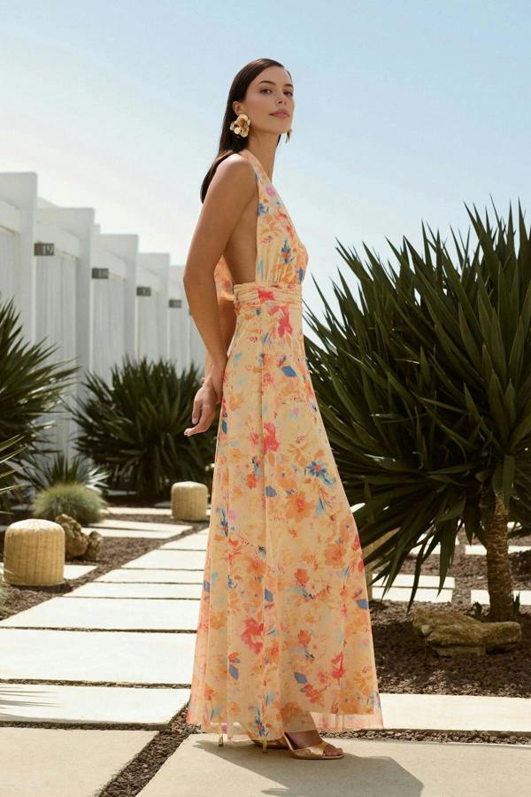WOVCOR A-Line Floral Patterned Flowy Tulle Long Dress