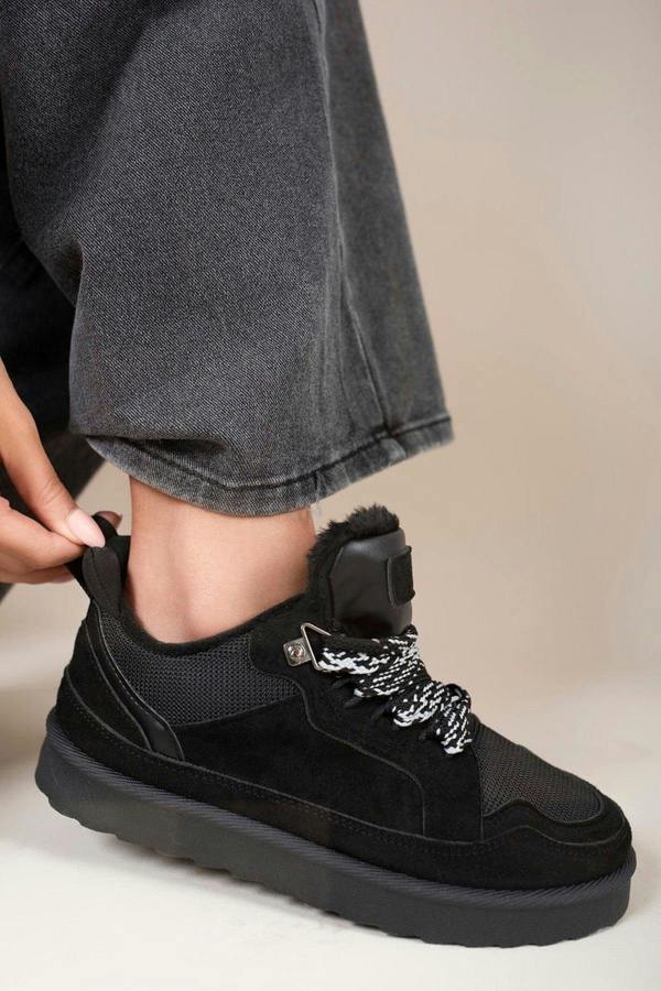 Leiza Chunky Lace Up Faux Fur Trainers - Black