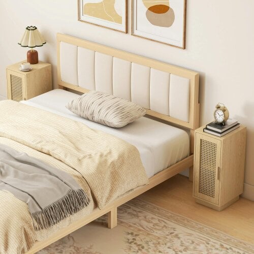 HOMCOM Set of 2 Bedside Tables with Rattan-Decor Door, Natural Wood Finish