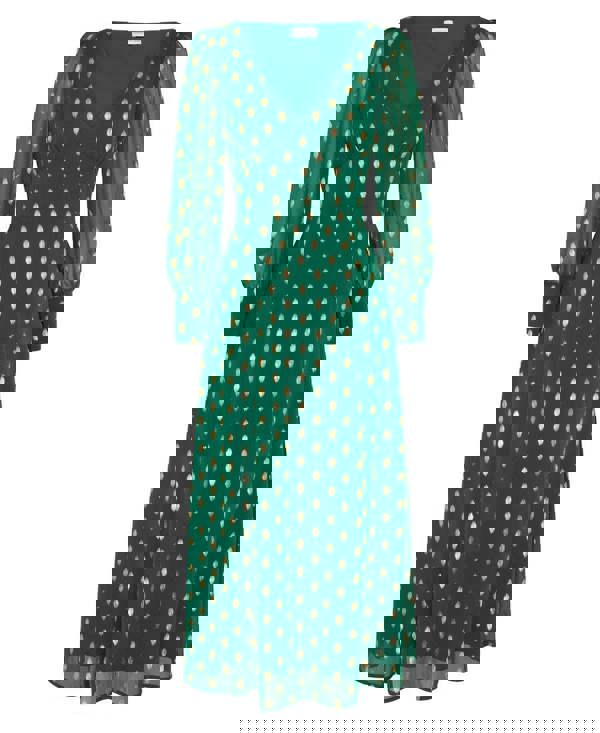 Needs No Label Green Foil Long Sleeve Plunge Midaxi Dress