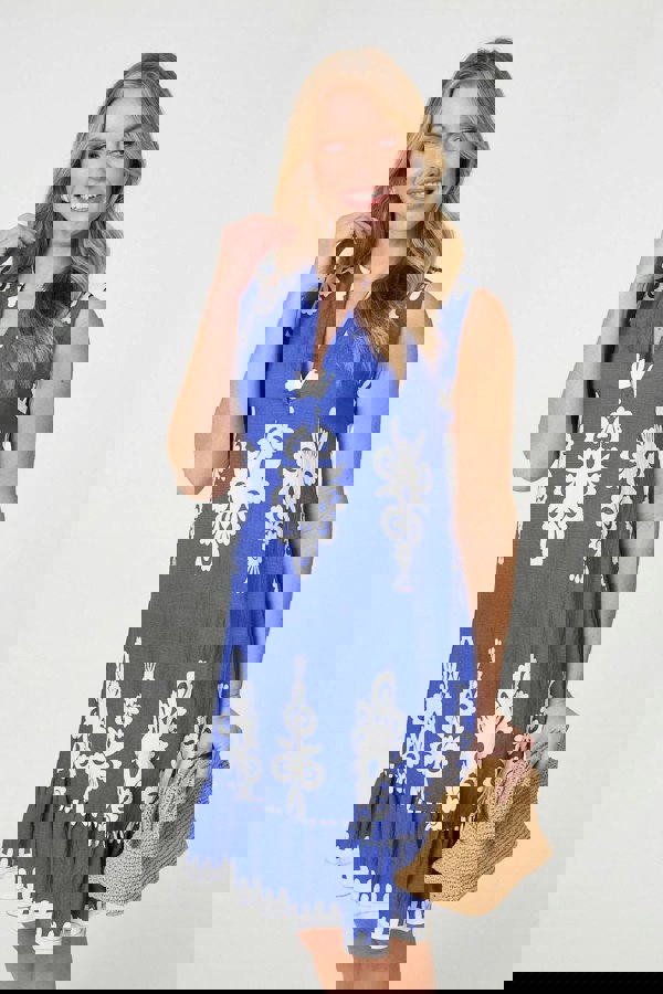 Blue | Ikat Print Sleeveless Short Shift Dress
