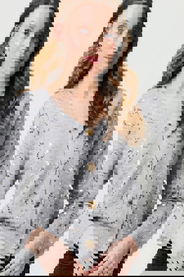 Grey | Sequin Embellished Cropped Cardigan
