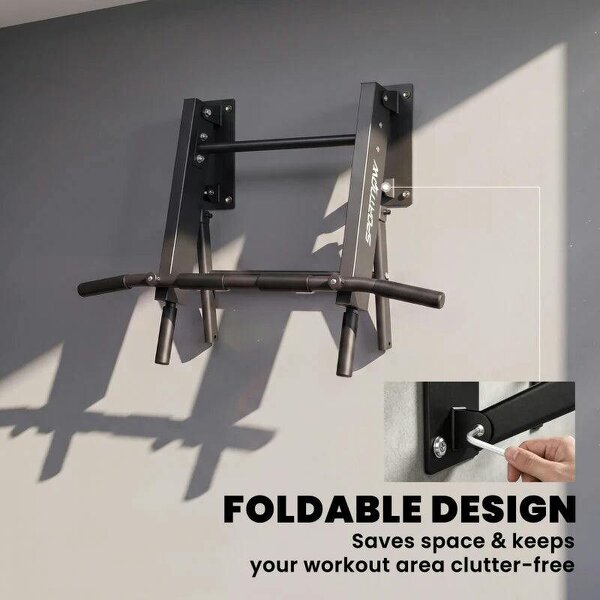 Pull Up Bar Wall Mounted Chin Up Bar with Folding Design, 3 Hooks for Resistance Bands, Supports up to 120 kg, Black