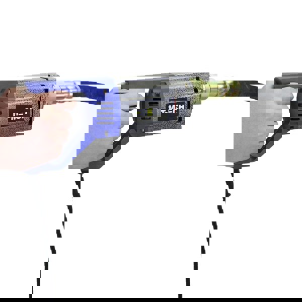 T-Mech concrete vibrator featuring a blue and silver body, ergonomic handle, and flexible black hose for efficient concrete consolidation