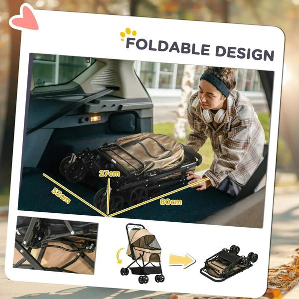Foldable beige pet stroller with wheels, shown unfolded and partially folded.