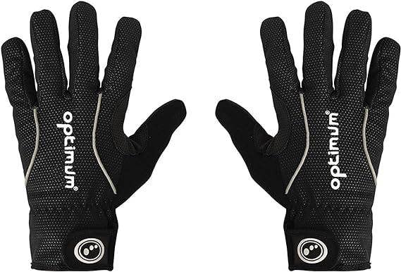 Black full-finger winter cycling gloves pair, back view with white Optimum logos, on white - Optimum