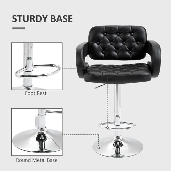 Black tufted PU leather swivel bar stool with sturdy round metal base and footrest