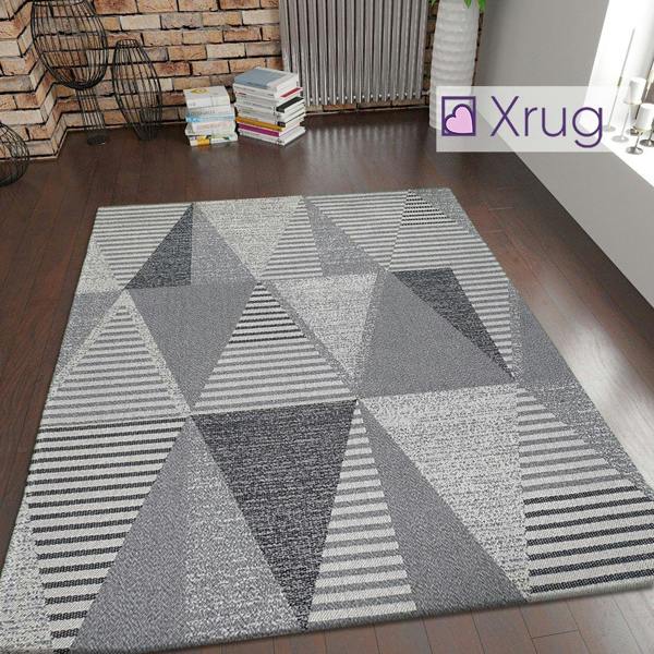 Grey Geometric Rug 100% Cotton Small Extra Large XL Washable Modern Flat Weave Carpet Woven Room Mat