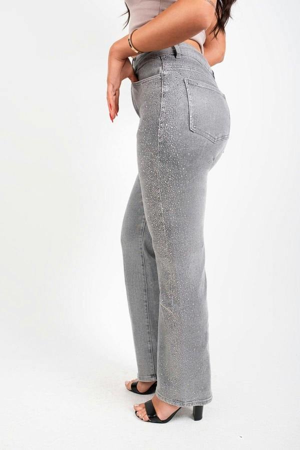 Elyndra High Waisted Sparkle Straight Leg Jeans - Grey