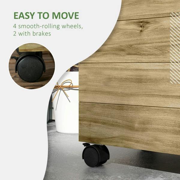 Natural wood raised planter with smooth rolling caster wheels and brakes