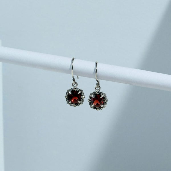 Art Deco Style Square Cushion Garnet & Marcasite Drop Earrings in 925 Sterling Silver flatlay