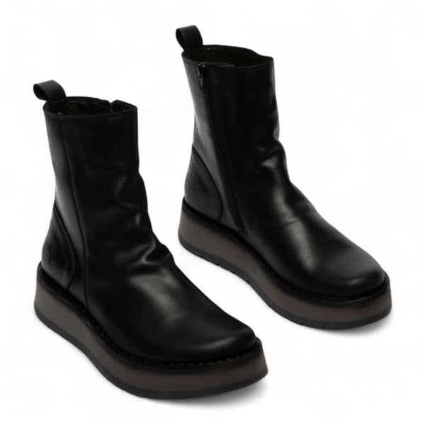 Fly London Womens Black RENO053FLY Leather Zip Up Platform Comfort Ankle Boots