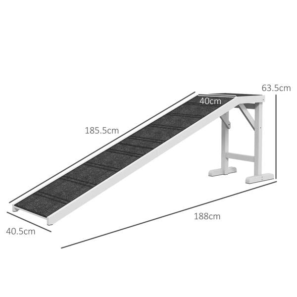 Pet ramp with dark carpet tread and white frame, dimensions shown