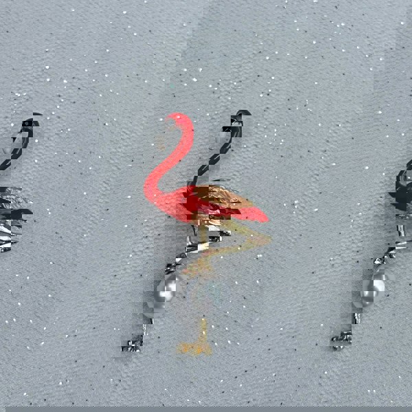 Flamingo brooch, pink enamel body, gold tone setting, clear crystal accents, single white faux pearl detail, elegant animal inspired jewellery, vintage style accessory, unique statement brooch, gift for her
