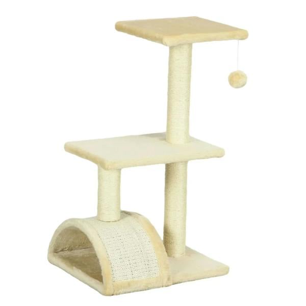 Cream cat tree with two platforms, sisal scratching posts, and hanging ball toy