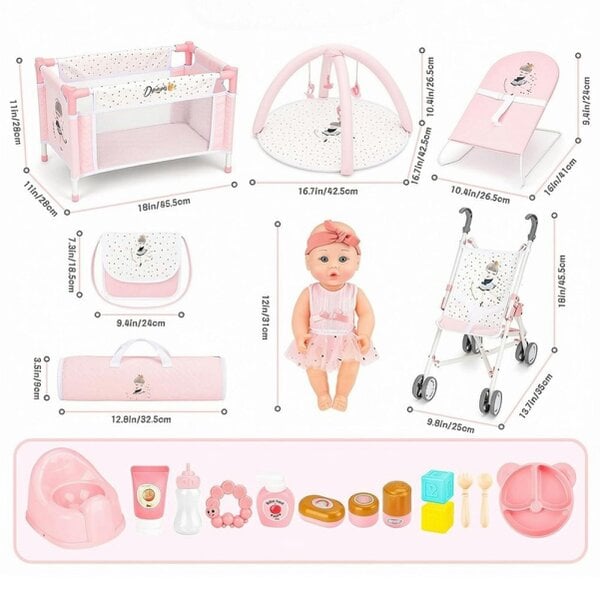deAO Toys deAO Baby Doll Nursery Playset with 12" Doll, Stroller, Crib, Play Mat & Travel Bags Role‑Play Toy for Kids Ages 3–8