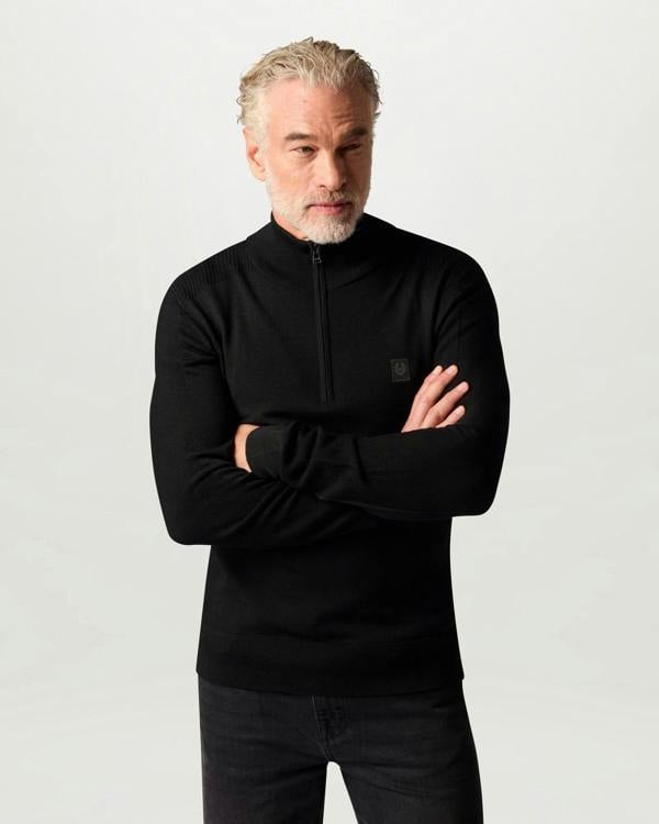 Belstaff Mens Colden Merino Quarter Zip Jumper - Black | CHO | Designer Mens Quarter Zip Jumpers