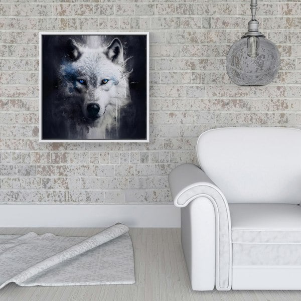 Warren Reed White Wolf Face Splash Art Dark Backgrouns Framed Canvas