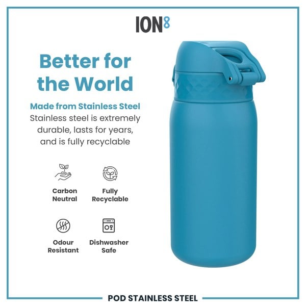 A blue stainless steel water bottle sits against a white background. It is shown in profile view. Accompanying text highlights its durability, recyclability, and other features.