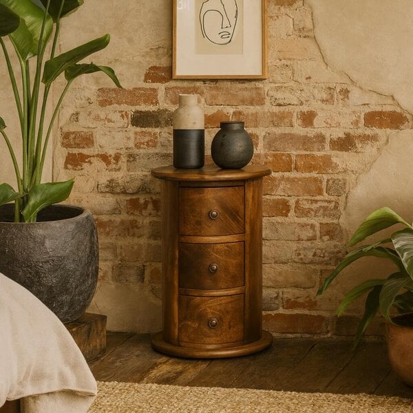 Wyld Haus Olbia Mini Chestnut Mango Wood Drum Chest 3 Drawers