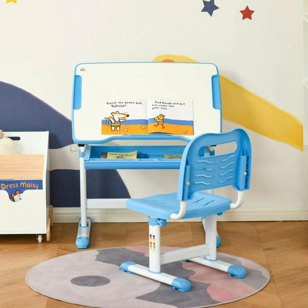 Kids blue desk and matching chair set with tiltable tabletop, drawer, and pen slot.