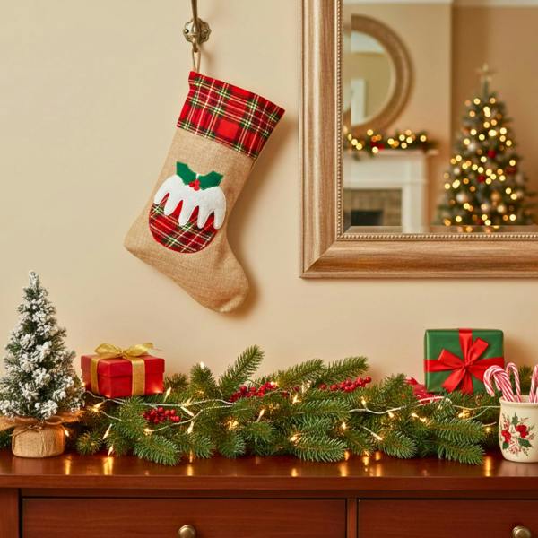 Large Christmas Stocking 45cm Brown Hessian Pudding Print Hanging Sack Sock image 9