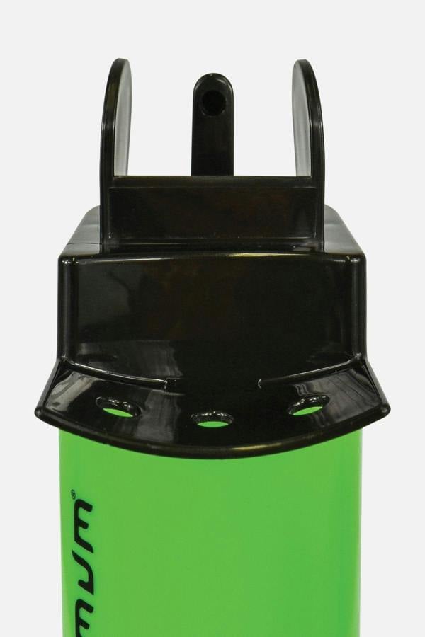 Close-up of black flip-open spray cap with three holes on green Optimum aqua bottle top, white - Optimum