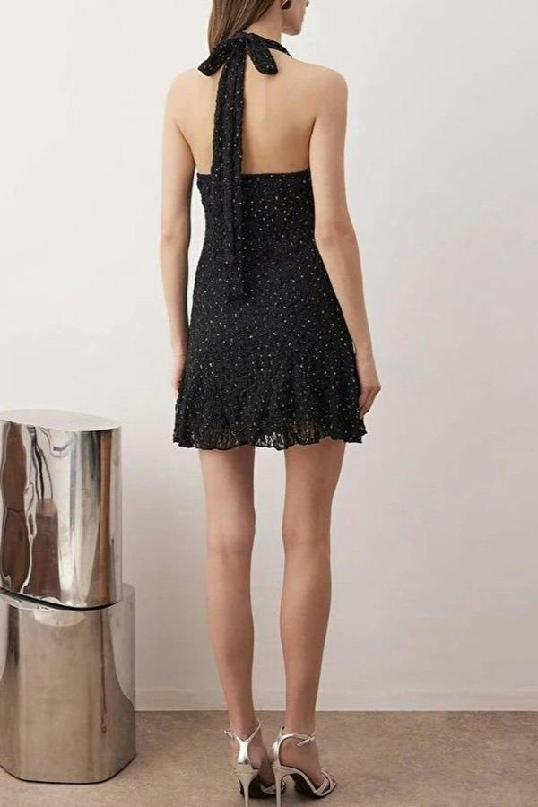 WOVCOR Halter Neck Lace Mini Lined Dress with Stone Print