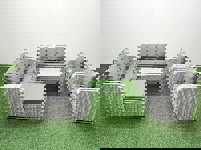 Fimous PE Rattan High Back Lounge Sofa Set Patio Oblong Coffee Table & Chairs Set with 3 Seater Sofa Reclining Chair Big Footstool Light Grey