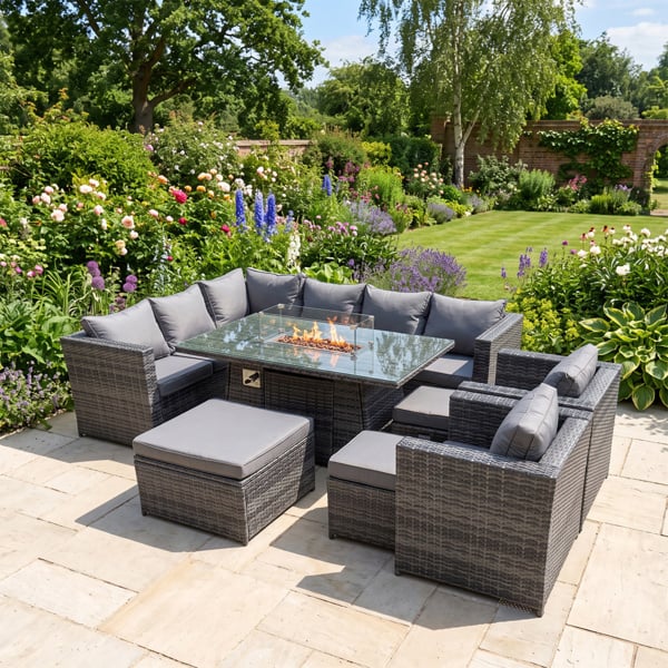 Fimous Rattan Garden Furniture Dining Set 11 seater Gas Fire Pit Dining Table Corner Sofa Set with 3 Stool Dark Grey Mixed