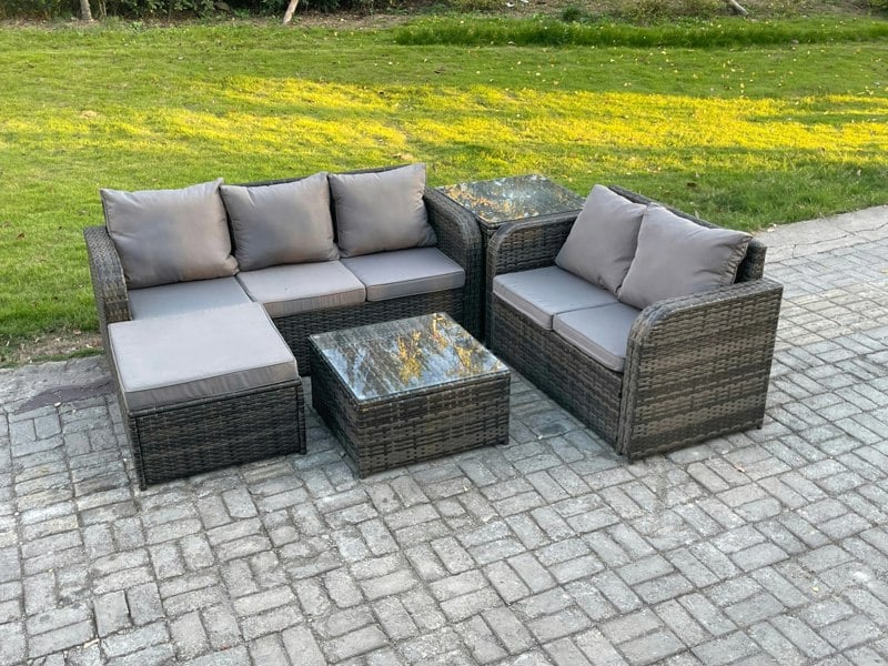 Fimous PE Rattan Garden Furniture Sets 6 Seater Outdoor Lounge Sofa Set Square Coffee Table Big Footstool Side Table