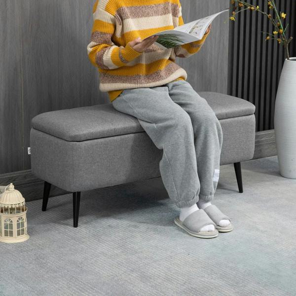 Grey flip-top storage ottoman bench for seating with steel legs