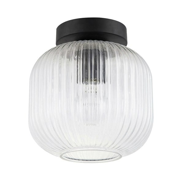 Contemporary Matte Black Ceiling Light with Clear Ribbed Glass Shade Image 1