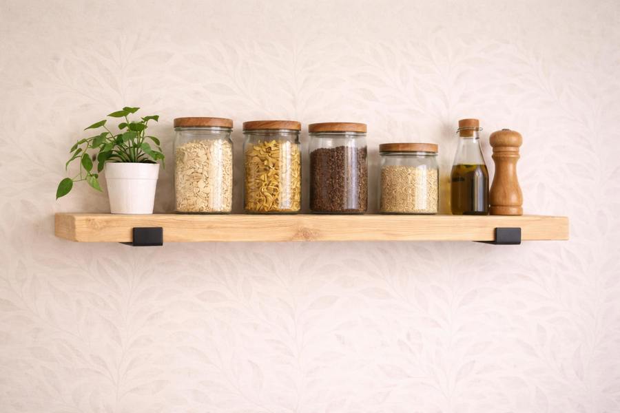 Reclaimed scaffold board shelf in kitchen with jars and plant