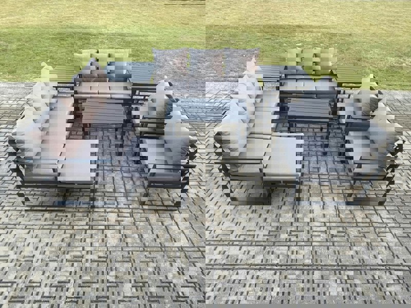 Fimous Aluminium Outdoor Garden Furniture Set 9 Seater Garden Sofa with Oblong Coffee Table Big Footstool 2 Side Tables Dark Grey