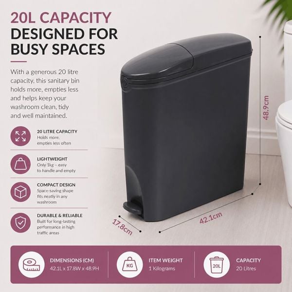 ProWashroom Sanitary Bin 20L Slimline Washrooms Toilets Hygienic Disposal Pedal Container Bins for Female Ladies And Baby Hygiene Products