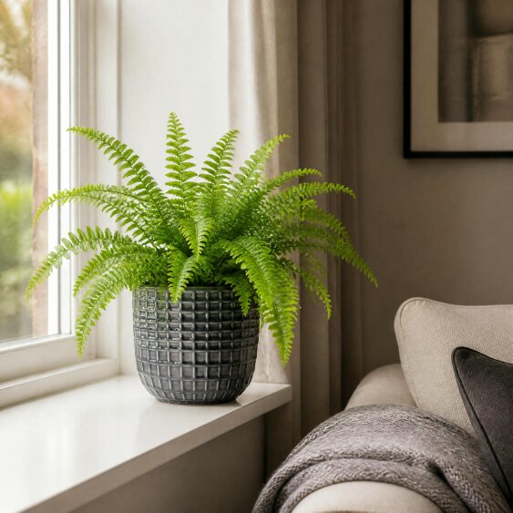 Boston Fern in White Ceramic Pot – Air-Purifying Gift for Plant Lovers - 1 - Grey Ceramic Pot
