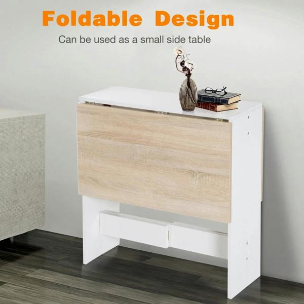 Foldable drop-leaf table with oak front panel and white frame, leaf closed like a cabinet.