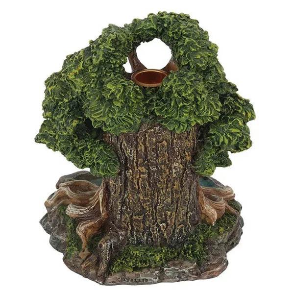 Tree-face backflow incense burner with cup-shaped incense holder and leafy crown