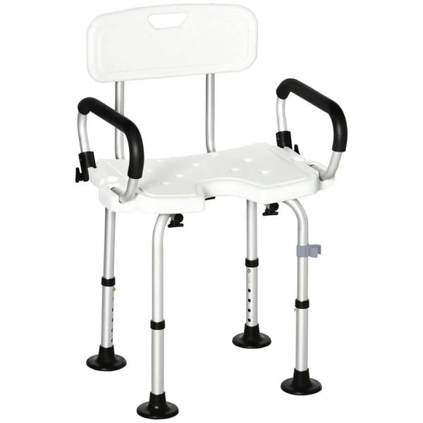 White height-adjustable shower chair with backrest and padded flip-up arms