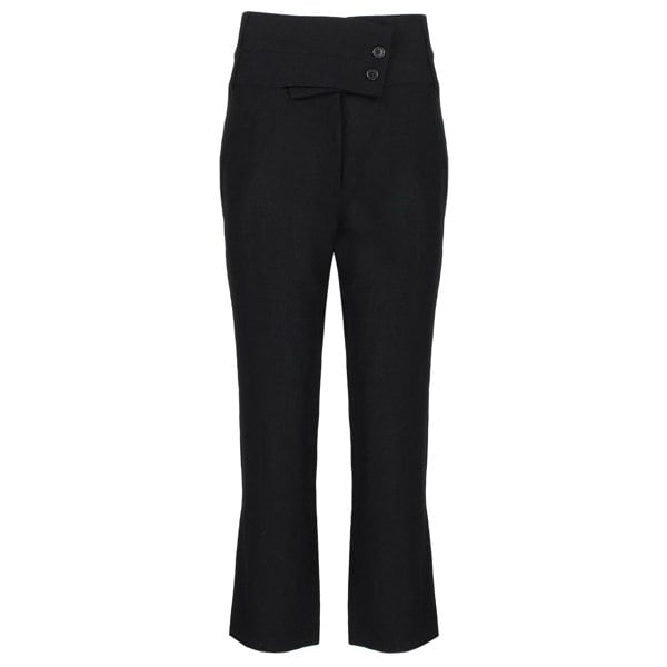 Ann Demeulermeester finely woven black wool trousers
High waisted trousers with crossover tab to waistline
Button fastening with gently tapered leg