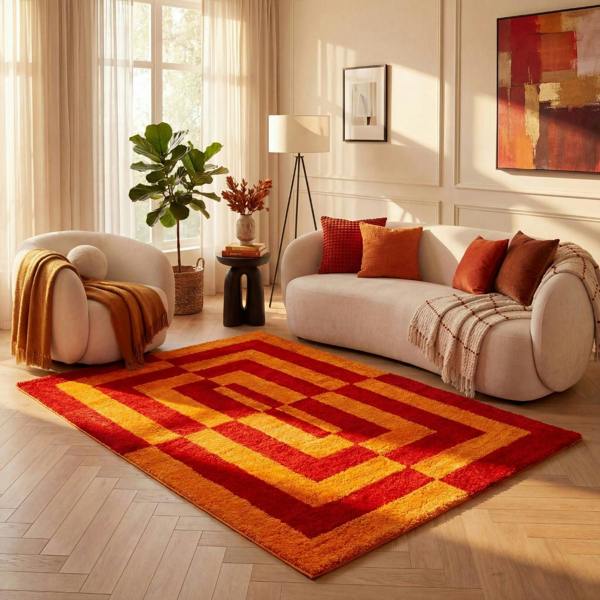 Red and orange geometric rug on a wooden floor with a white sofa.