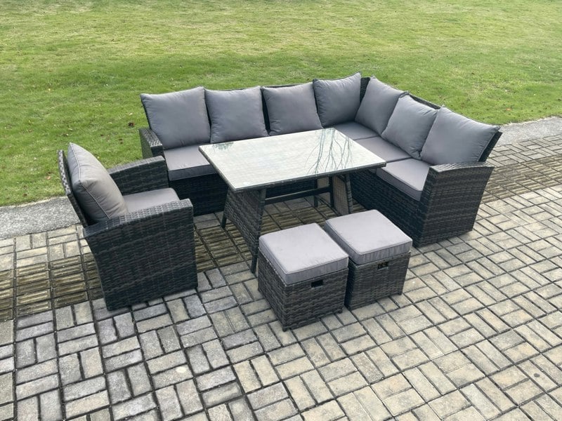 Fimous Outdoor Furniture Garden Dining Set Rattan Corner Sofa Chair Set Rectangular Dining Table with Temper Glass Footstools Dark Grey Mixed