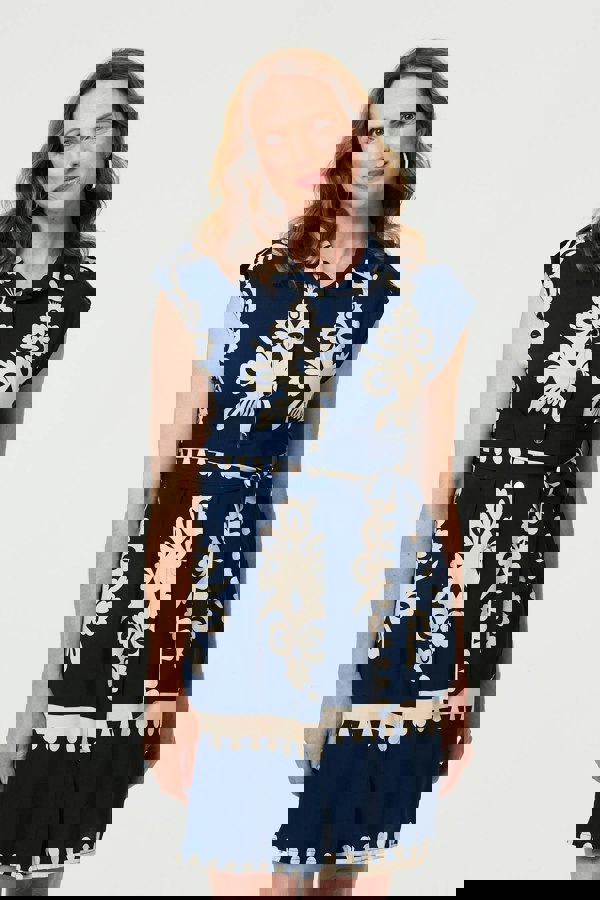 Navy | Ikat Print Cap Sleeve Short Shirt Dress
