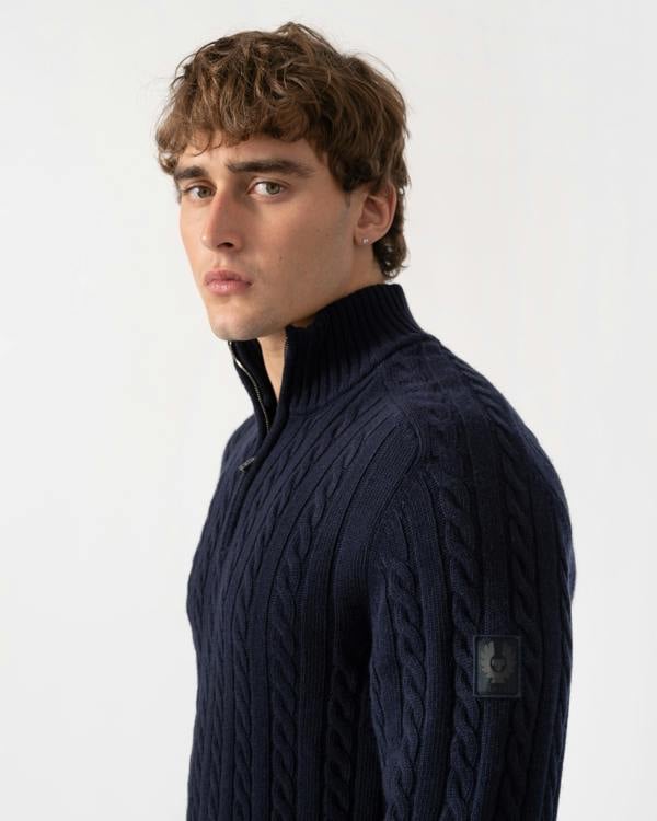 Collar shot of Belstaff Mens Westport Quarter Zip Cable Knit Jumper - Dark Ink