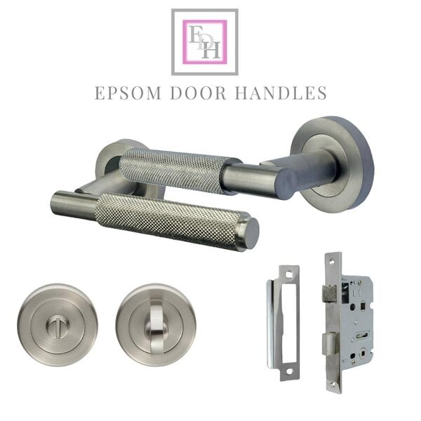 EDH Door Hardware Satin Nickel Knurled Door Handles on Round Rose – Modern Internal Lever Handle Sets