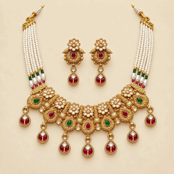 The Colourful Aura Gold Antique Kundan Paisley Choker Necklace Set with Pearl Chain and Earrings
