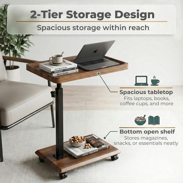 Levede C Shaped Side Table Height Adjustable Rolling 360° Swivel Top End Table